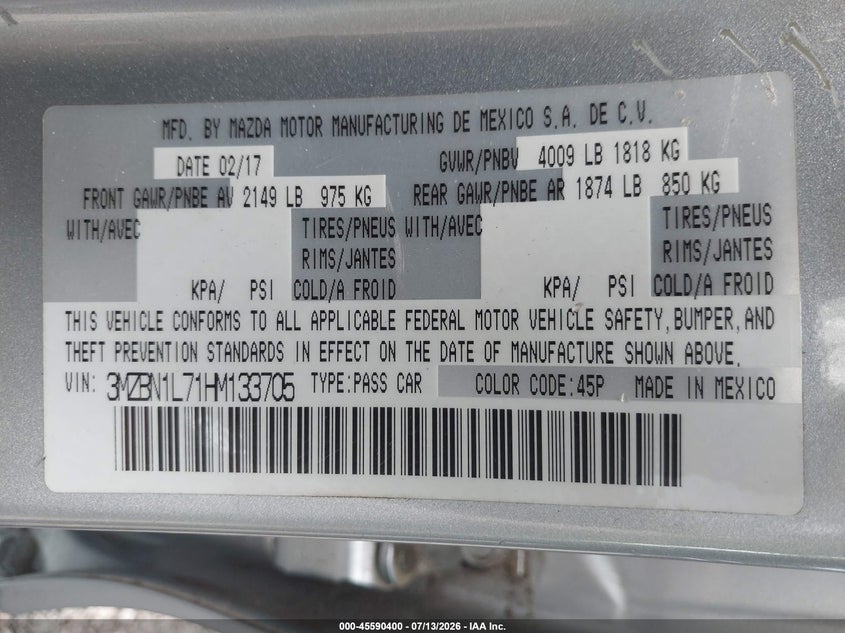 2017 Mazda 3 VIN 3MZBN1L71HM133705 IAAI salvage auction — FRONT & REAR, Salvage (Virginia), sold $3,350 on 2026-07-28 (photo 9)