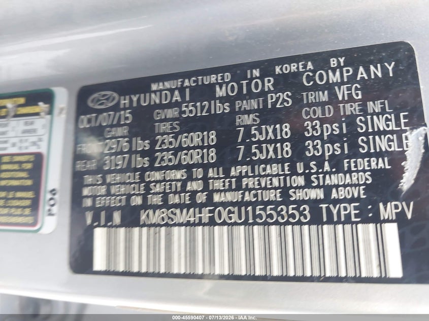 2016 Hyundai Santa fe VIN KM8SM4HF0GU155353 IAAI salvage auction — NORMAL WEAR, Salvage Title, sold $1,700 on 2026-07-17 (photo 9)