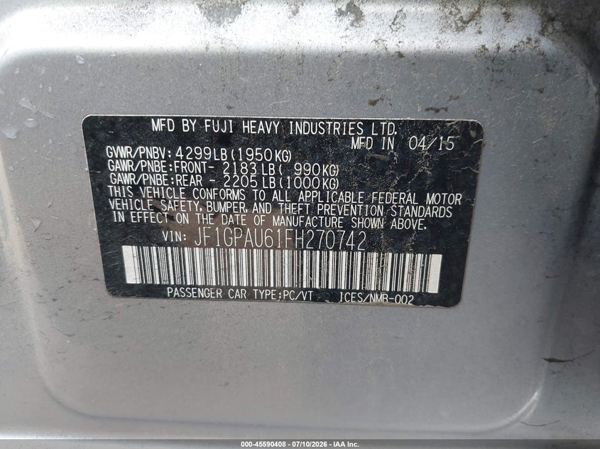2015 Subaru Impreza VIN JF1GPAU61FH270742 IAAI salvage auction — NORMAL WEAR, Clear - Dealer Only (California), sold $1,350 on 2026-07-27 (photo 9)