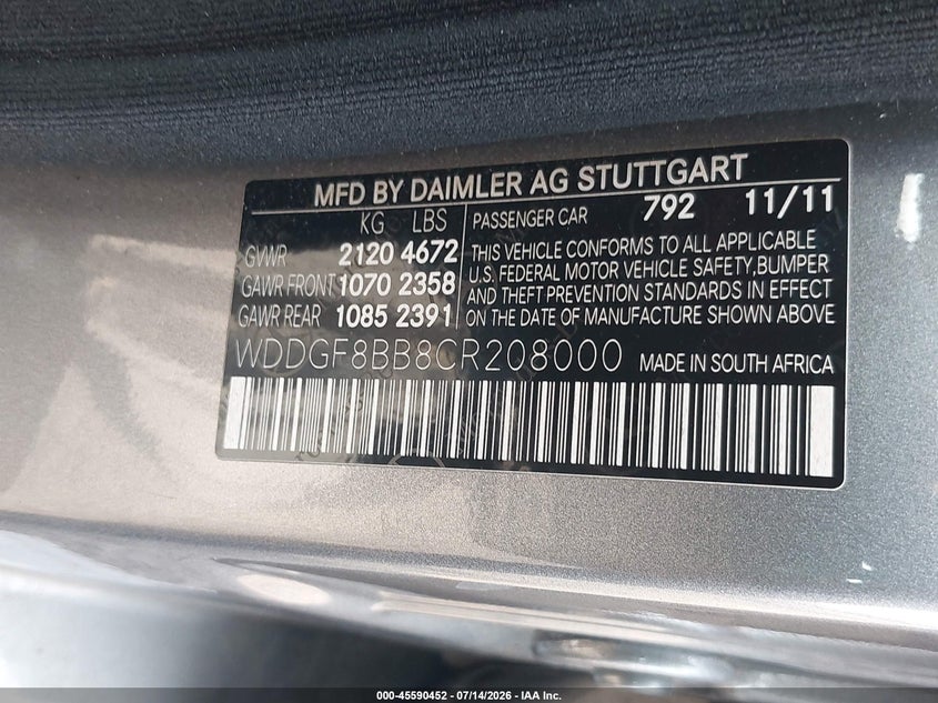 2012 Mercedes-benz C class VIN WDDGF8BB8CR208000 IAAI salvage auction — NORMAL WEAR, Clear (New Jersey), sold $650 on 2026-07-29 (photo 9)