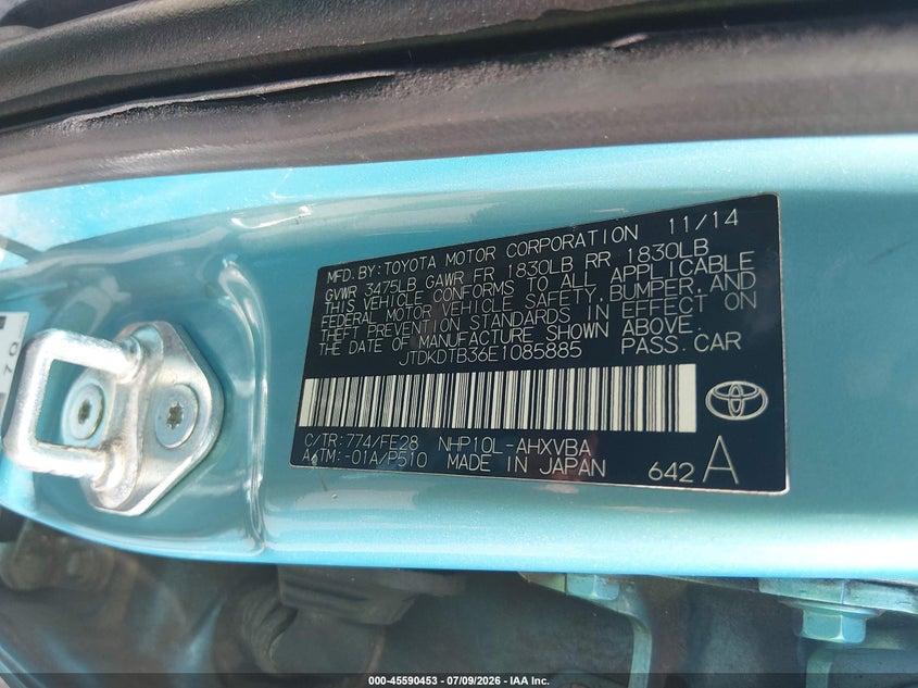 2014 Toyota Prius c VIN JTDKDTB36E1085885 IAAI salvage auction — NORMAL WEAR, Salvage Title, sold $375 on 2026-07-29 (photo 9)