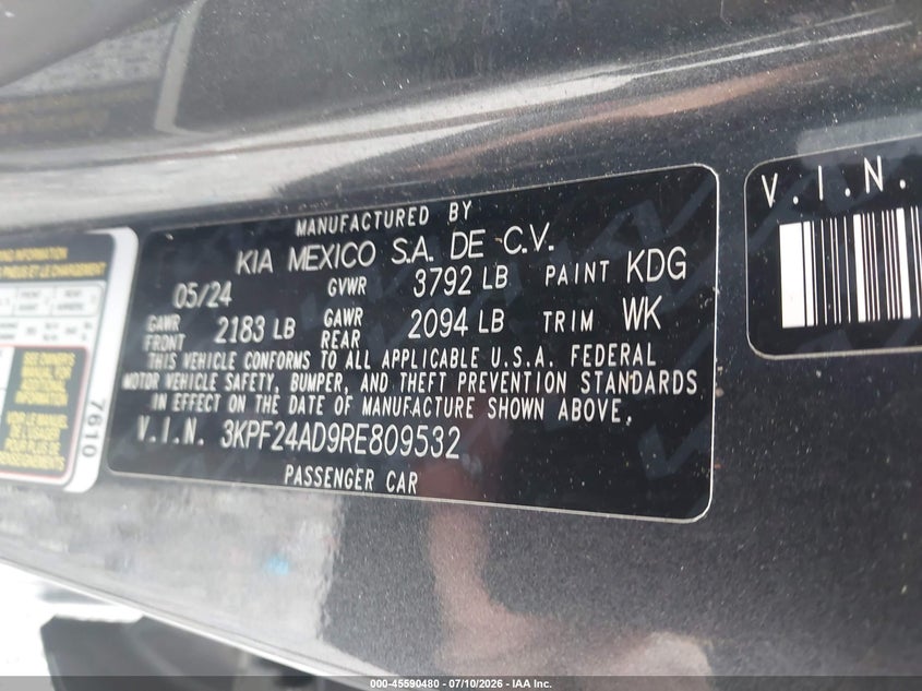 2024 Kia Forte VIN 3KPF24AD9RE809532 IAAI salvage auction — FRONT END, Enterprise Vehicles Clear Only (Michigan), sold $7,000 on 2026-07-14 (photo 9)
