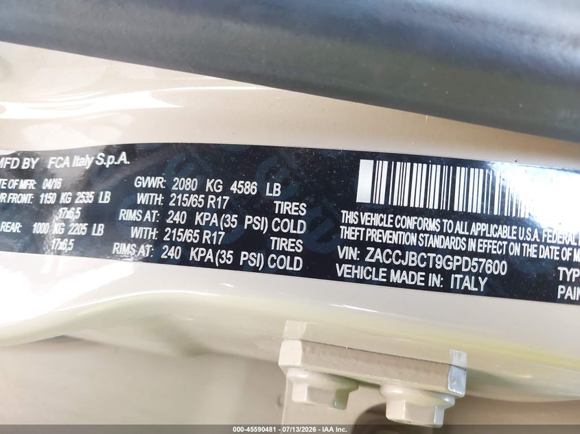 2016 Jeep Renegade VIN ZACCJBCT9GPD57600 IAAI salvage auction — FRONT END, Salvage Title, sold $775 on 2026-08-11 (photo 9)