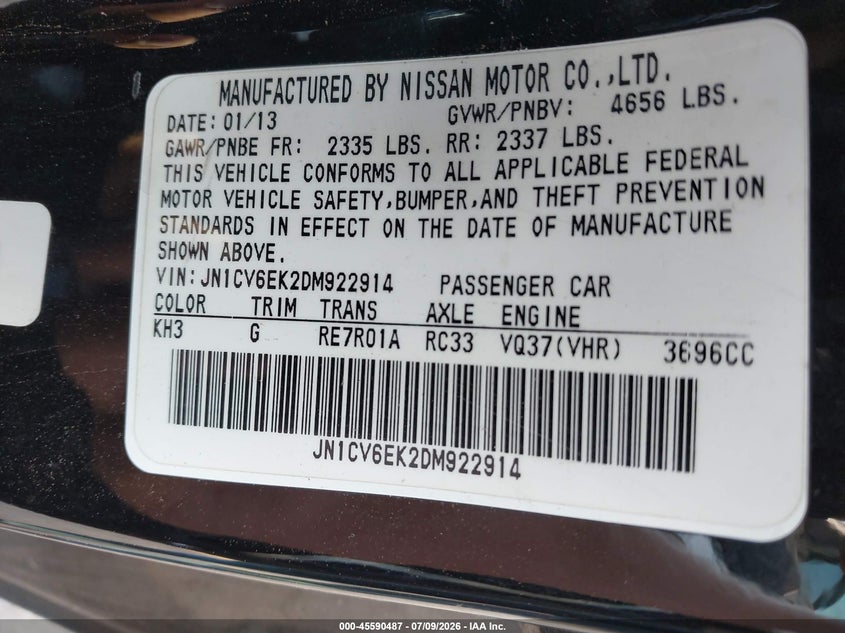 2013 Infiniti G VIN JN1CV6EK2DM922914 IAAI salvage auction — FRONT END, Salvage (Texas), sold $1,000 on 2026-09-01 (photo 9)