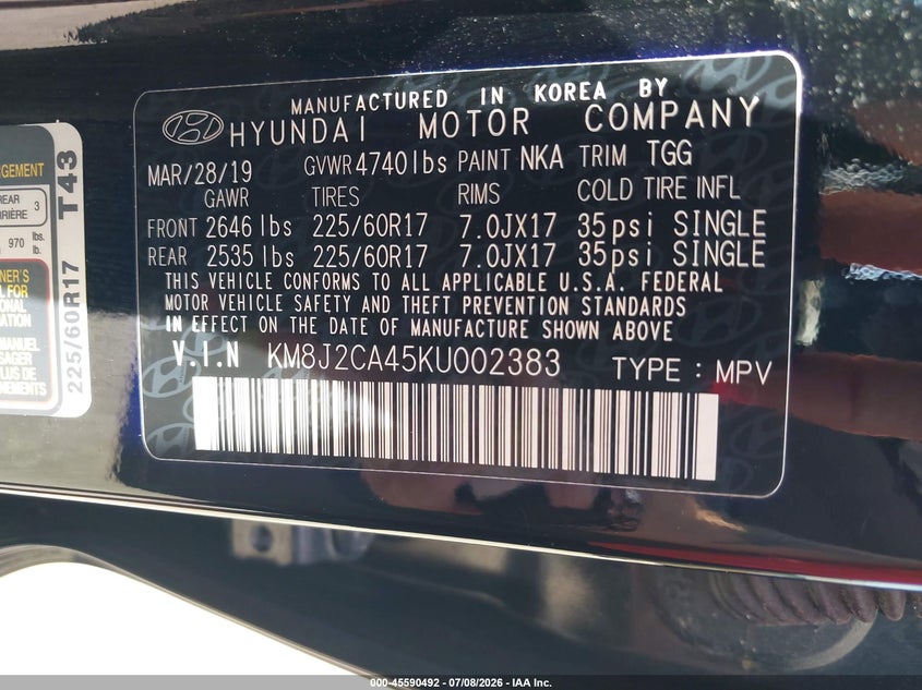 2019 Hyundai Tucson VIN KM8J2CA45KU002383 IAAI salvage auction — NORMAL WEAR, Sf97 (New York), sold $25 on 2026-07-23 (photo 9)