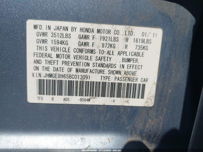 2011 Honda Fit VIN JHMGE8H65BC013091 IAAI salvage auction — NORMAL WEAR, Clear (Michigan), sold $1,800 on 2026-07-28 (photo 9)