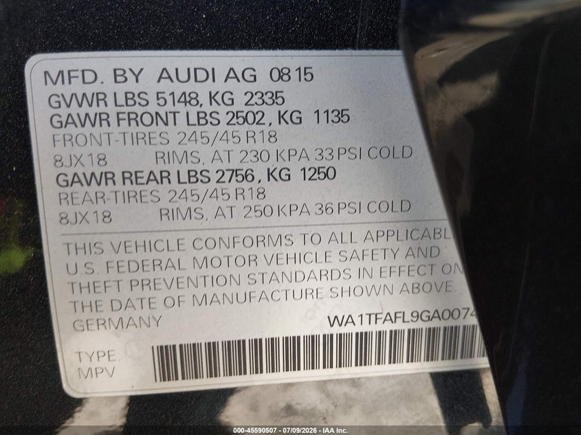 2016 Audi Allroad VIN WA1TFAFL9GA007451 IAAI salvage auction — NORMAL WEAR, Clear-Dealer Only (Arizona), sold $425 on 2026-07-28 (photo 9)