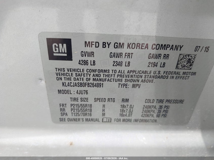 2015 Buick Encore VIN KL4CJASB0FB264891 IAAI salvage auction — NORMAL WEAR, Clear (Virginia), sold $1,300 on 2026-07-28 (photo 9)
