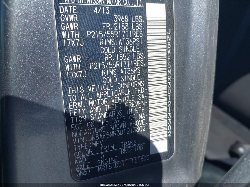 2013 Nissan Juke VIN JN8AF5MR3DT213302 IAAI salvage auction — NORMAL WEAR, Clear - Dealer Only (California), sold $300 on 2026-07-29 (photo 9)