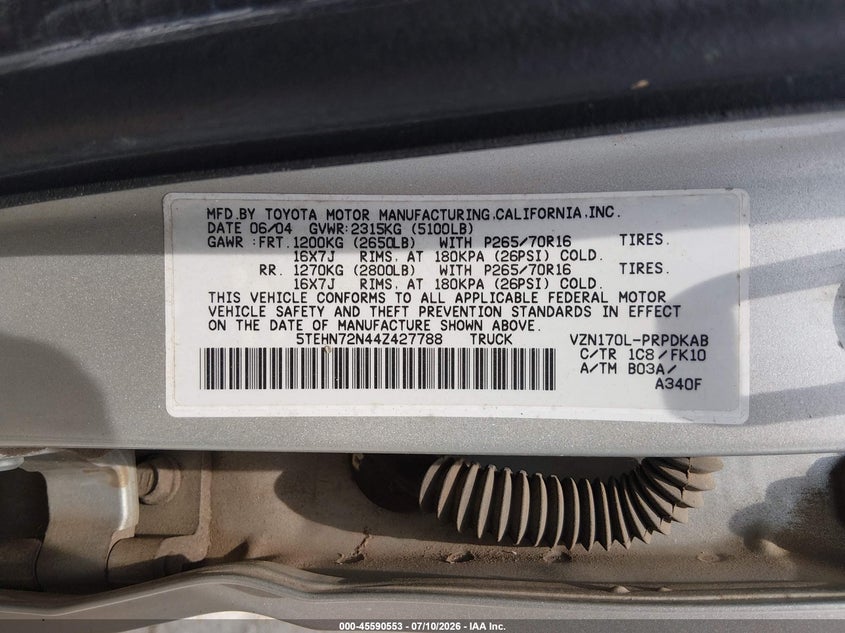 2004 Toyota Tacoma VIN 5TEHN72N44Z427788 IAAI salvage auction — NORMAL WEAR, Clear-Dealer Only (Arizona), sold $1,750 on 2026-07-16 (photo 9)