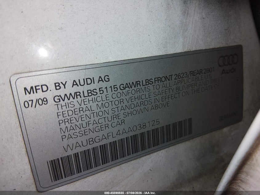 2010 Audi S4 VIN WAUBGAFL4AA038125 IAAI salvage auction — NORMAL WEAR, Clear (Washington), sold $375 on 2026-07-29 (photo 9)