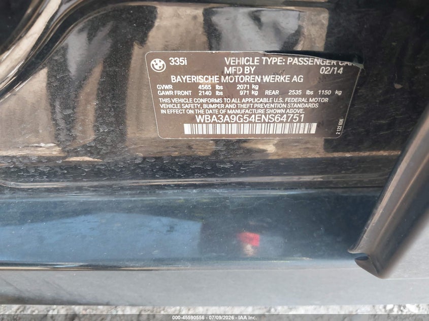 2014 BMW 3 series VIN WBA3A9G54ENS64751 IAAI salvage auction — NORMAL WEAR, Original (Texas), sold $3,250 on 2026-07-17 (photo 9)