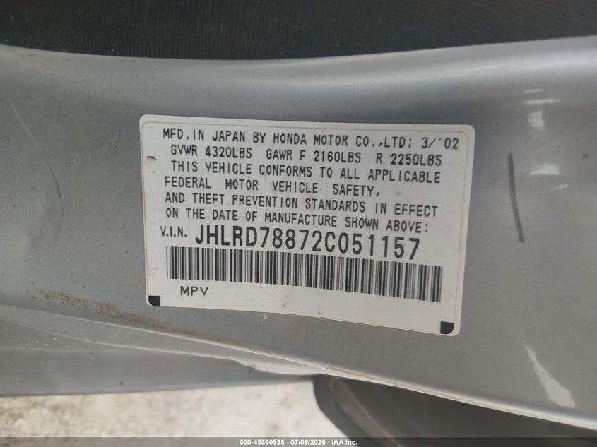 2002 Honda Cr-v VIN JHLRD78872C051157 IAAI salvage auction — NORMAL WEAR, Clear (Pennsylvania), sold $425 on 2026-07-15 (photo 9)