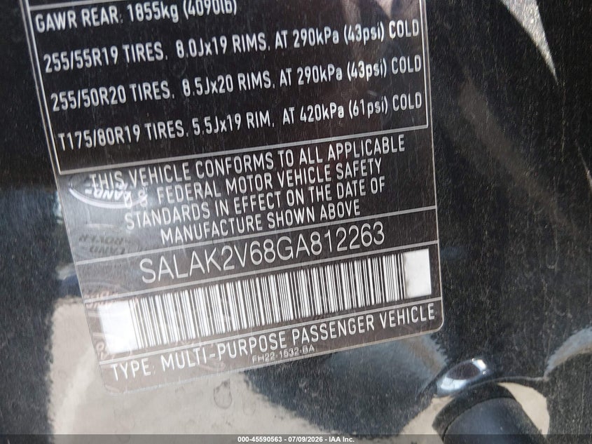 2016 Land rover Lr4 VIN SALAK2V68GA812263 IAAI salvage auction — FRONT END, Salvage (North Carolina), sold $25 on 2026-07-29 (photo 9)