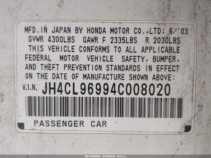 2004 Acura Tsx VIN JH4CL96994C008020 IAAI salvage auction — NORMAL WEAR, Clear (Missouri), sold $325 on 2026-07-28 (photo 9)