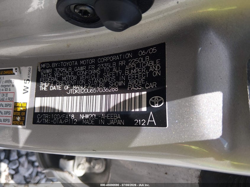 2005 Toyota Prius VIN JTDKB20U657036288 IAAI salvage auction — NORMAL WEAR, Bill Of Sale (Georgia), sold $475 on 2026-07-24 (photo 9)