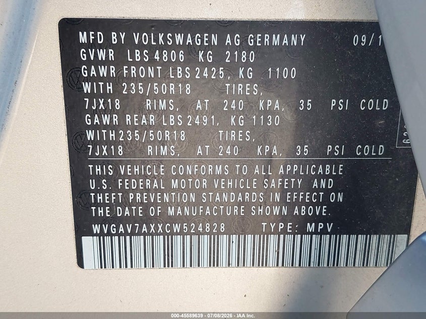 2012 Volkswagen Tiguan VIN WVGAV7AXXCW524828 IAAI salvage auction — NORMAL WEAR, Clear-Dealer Only (Maryland), sold $1,200 on 2026-07-17 (photo 9)