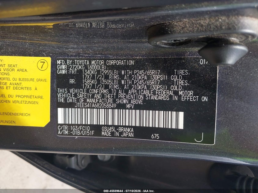 2008 Toyota Highlander VIN JTEES41A682058849 IAAI salvage auction — LEFT FRONT, Salvage (Ohio), sold $1,750 on 2026-07-31 (photo 9)