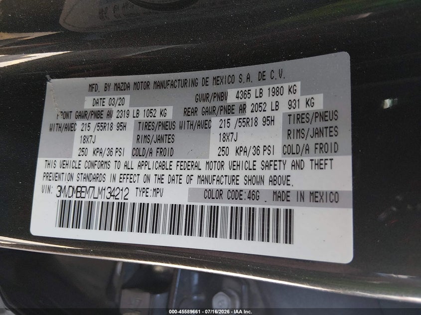 2020 Mazda Cx-30 VIN 3MVDMBEM7LM134212 IAAI salvage auction — REAR END, Salvage (Colorado), sold $4,150 on 2026-08-21 (photo 9)