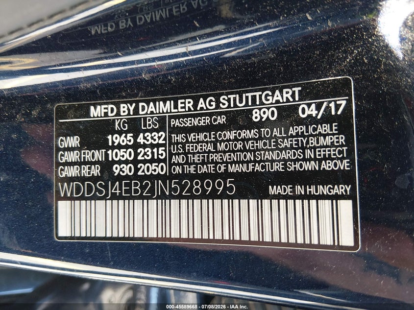 2018 Mercedes-benz Cla-klasse VIN WDDSJ4EB2JN528995 IAAI salvage auction — FRONT & REAR, Salvage Title, sold $2,600 on 2026-07-29 (photo 9)