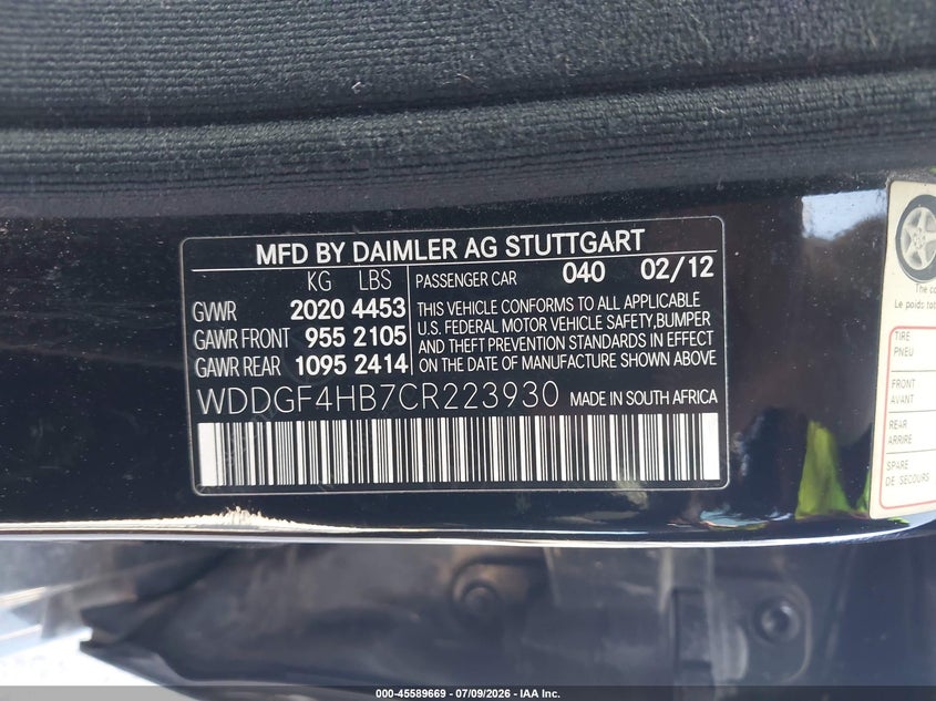 2012 Mercedes-benz C-klasse VIN WDDGF4HB7CR223930 IAAI salvage auction — NORMAL WEAR, Original (Texas), sold $125 on 2026-07-28 (photo 9)