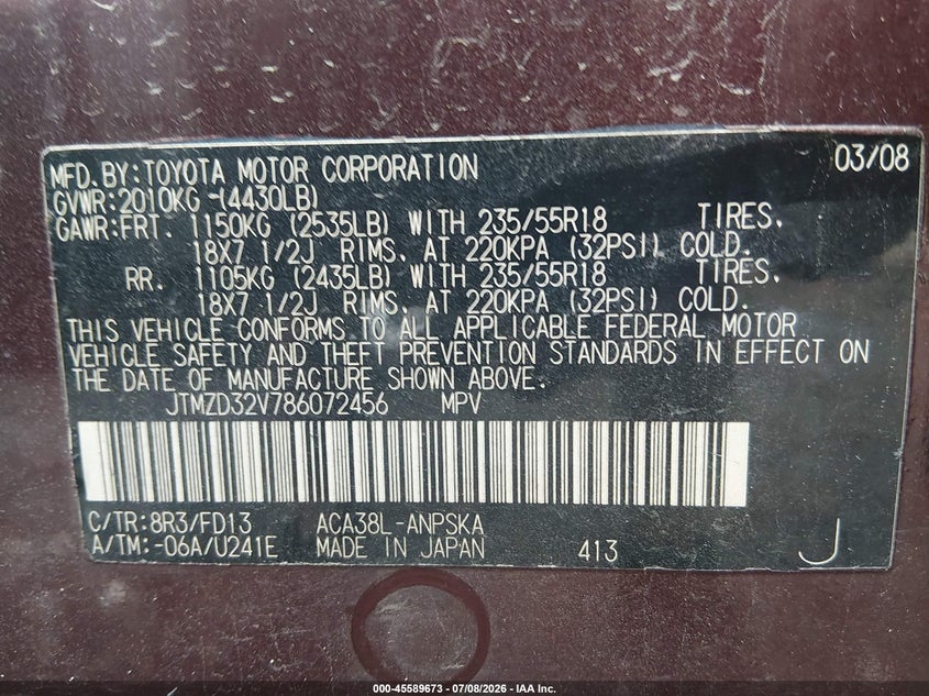 2008 Toyota Rav4 VIN JTMZD32V786072456 IAAI salvage auction — REAR END, Clear (Virginia), sold $2,350 on 2026-07-14 (photo 9)