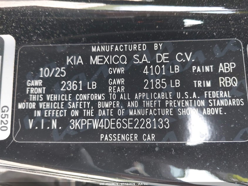 2025 Kia K4 VIN 3KPFW4DE6SE228133 IAAI salvage auction — FRONT & REAR, Salvage Title, sold $3,200 on 2026-08-21 (photo 9)