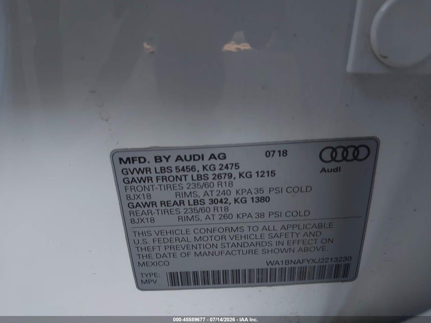 2018 Audi Q5 VIN WA1BNAFYXJ2213230 IAAI salvage auction — FRONT END, Salvage (California), sold $3,300 on 2026-08-01 (photo 9)