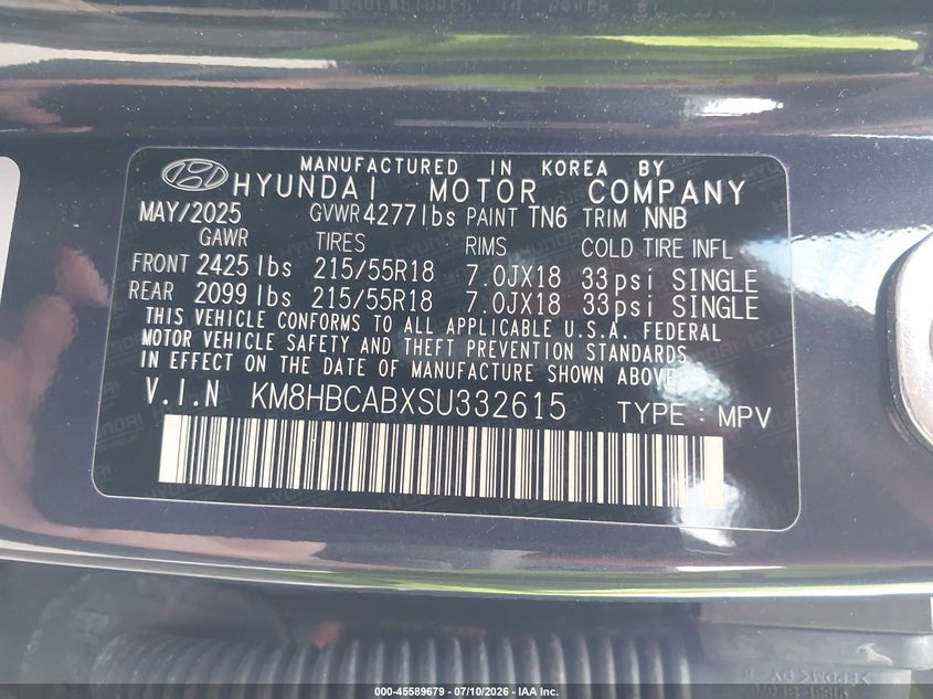 2025 Hyundai Kona VIN KM8HBCABXSU332615 IAAI salvage auction — REAR END, Salvage Title, sold $12,400 on 2026-07-15 (photo 9)