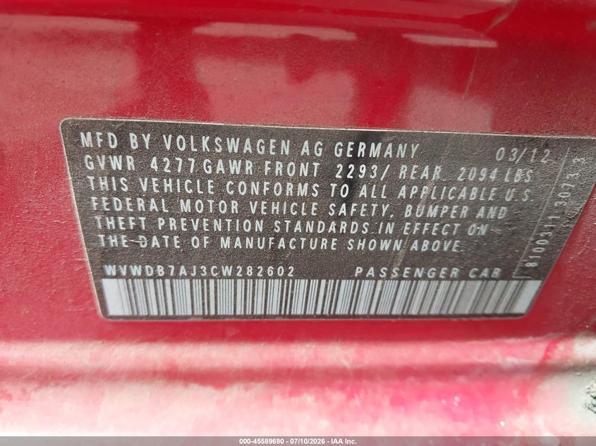2012 Volkswagen Golf VIN WVWDB7AJ3CW282602 IAAI salvage auction — FRONT END, Salvage (Nevada), sold $925 on 2026-08-06 (photo 9)