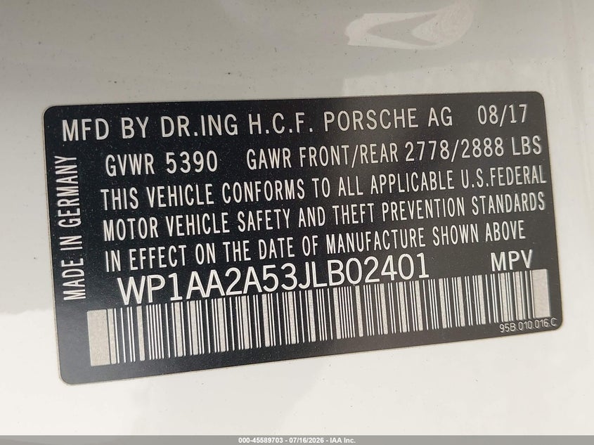 2018 Porsche Macan VIN WP1AA2A53JLB02401 IAAI salvage auction — FRONT END, Salvage Title, sold $2,550 on 2026-08-29 (photo 9)