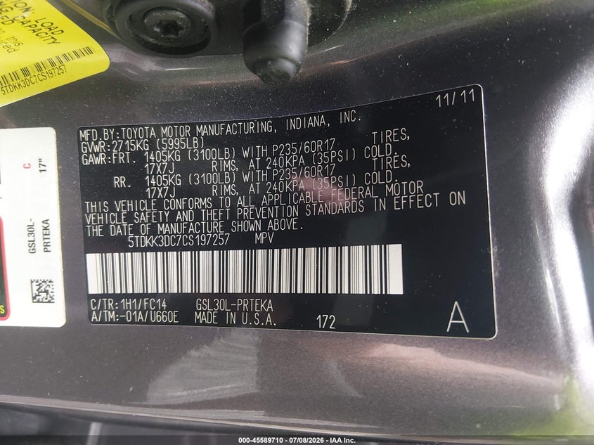 2012 Toyota Sienna VIN 5TDKK3DC7CS197257 IAAI salvage auction — FRONT END, Clear (Virginia), sold $25 on 2026-08-01 (photo 9)