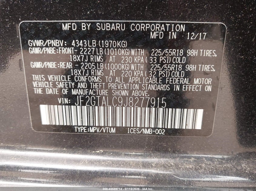 2018 Subaru Xv VIN JF2GTALC9J8277915 IAAI salvage auction — SIDE, Salvage (Rhode Island), sold $25 on 2026-09-10 (photo 9)