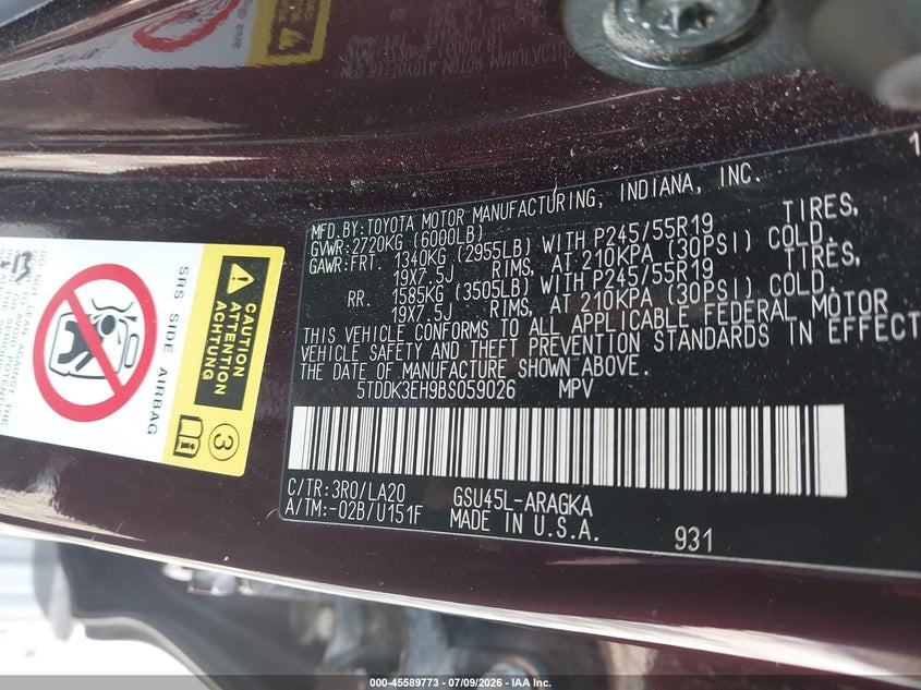 2011 Toyota Highlander VIN 5TDDK3EH9BS059026 IAAI salvage auction — REAR END, Clear (Wisconsin), sold $2,650 on 2026-07-15 (photo 9)