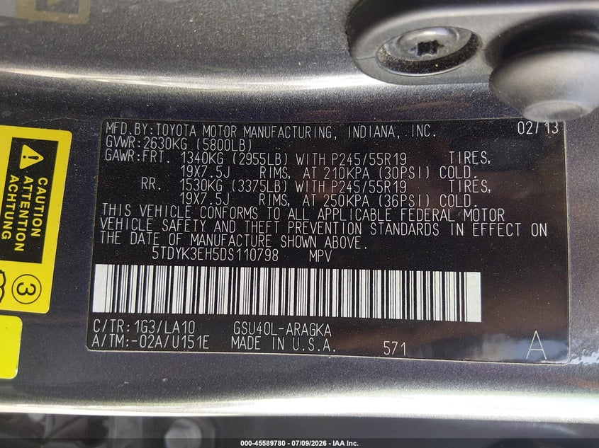 2013 Toyota Highlander VIN 5TDYK3EH5DS110798 IAAI salvage auction — NORMAL WEAR, Original (Texas), sold $1,350 on 2026-07-29 (photo 9)