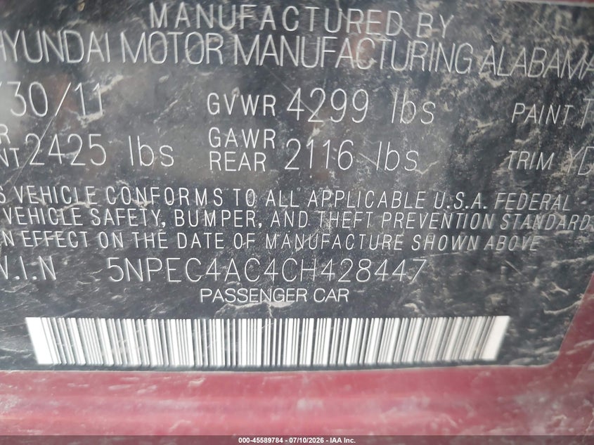 2012 Hyundai Sonata VIN 5NPEC4AC4CH428447 IAAI salvage auction — NORMAL WEAR, Manufacturer Buyback (Utah), sold $800 on 2026-07-23 (photo 9)