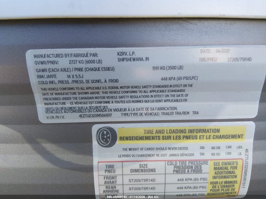 2021 Kz Sportsmen VIN 4EZTU232XM5061017 IAAI salvage auction — HAIL, Clear Claim Paid (Wisconsin), sold $2,250 on 2026-07-28 (photo 9)