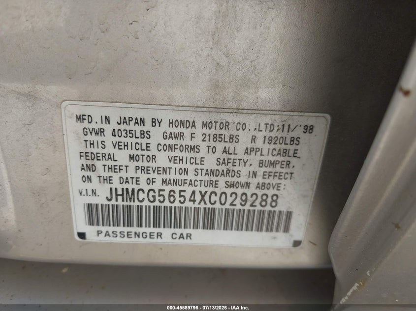 1999 Honda Accord VIN JHMCG5654XC029288 IAAI salvage auction — FRONT END, Parts Only Bos (Minnesota), sold $250 on 2026-07-20 (photo 9)