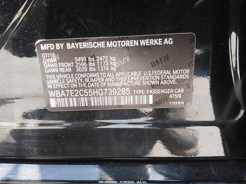 2017 BMW 7er VIN WBA7E2C55HG739285 IAAI salvage auction — LEFT SIDE, Salvage Title, sold $5,000 on 2026-08-12 (photo 9)