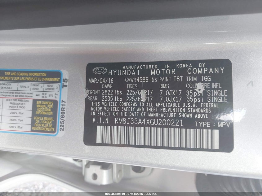 2016 Hyundai Tucson VIN KM8J33A4XGU200221 IAAI salvage auction — SIDE, Salvage (Tennessee), sold $25 on 2026-07-30 (photo 9)