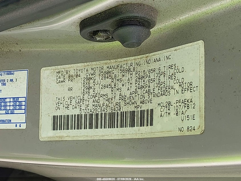 2004 Toyota Sienna VIN 5TDZA23C84S164301 IAAI salvage auction — NORMAL WEAR, Clear (Indiana), sold $675 on 2026-07-30 (photo 9)