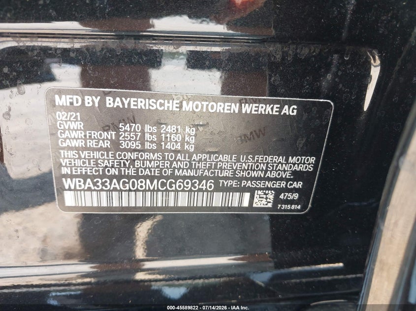 2021 BMW 5er VIN WBA33AG08MCG69346 IAAI salvage auction — ROOF, Salvage (Ohio), sold $11,700 on 2026-07-19 (photo 9)