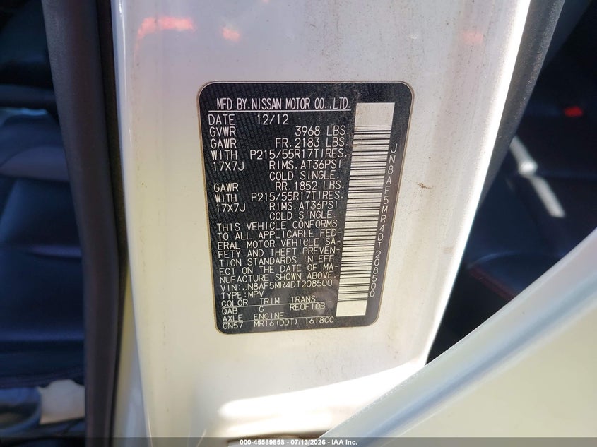 2013 Nissan Juke VIN JN8AF5MR4DT208500 IAAI salvage auction — NORMAL WEAR, Clear (Oklahoma), sold $1,400 on 2026-07-22 (photo 9)