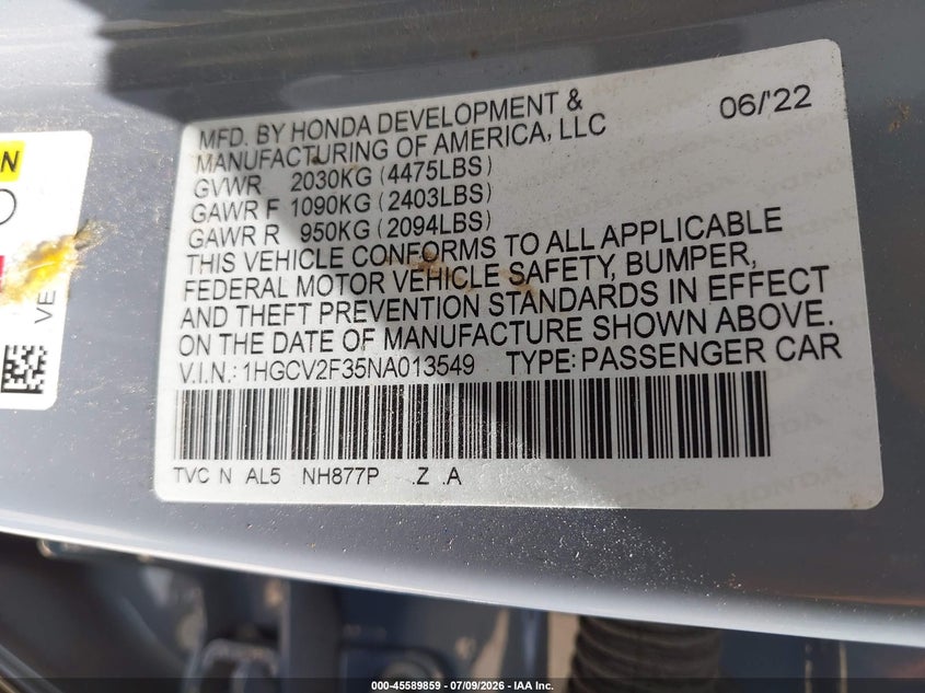 2022 Honda Accord VIN 1HGCV2F35NA013549 IAAI salvage auction — FRONT END, Salvage (North Carolina), sold $9,300 on 2026-07-27 (photo 9)