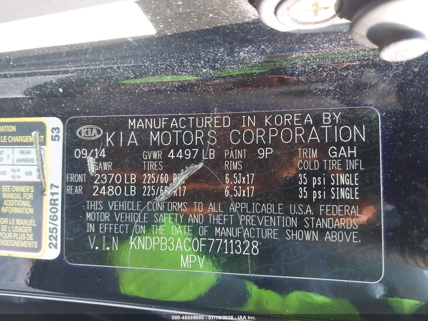 2015 Kia Sportage VIN KNDPB3AC0F7711328 IAAI salvage auction — FRONT END, Salvage - Greater Than 75% (Maryland), sold $1,250 on 2026-07-29 (photo 9)
