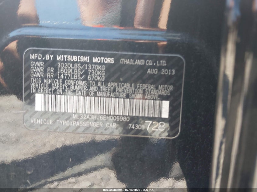 2014 Mitsubishi Mirage VIN ML32A3HJ6EH005980 IAAI salvage auction — NORMAL WEAR, Clear-Endorsement (Wisconsin), sold $425 on 2026-07-23 (photo 9)