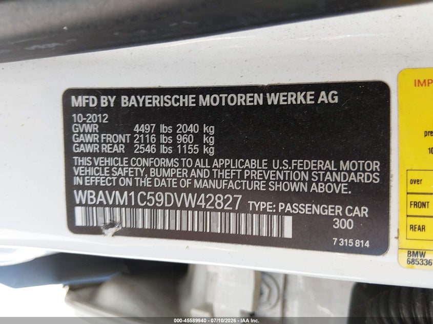 2013 BMW X1 VIN WBAVM1C59DVW42827 IAAI salvage auction — NORMAL WEAR, Clear (South Carolina), sold $1,125 on 2026-08-01 (photo 9)