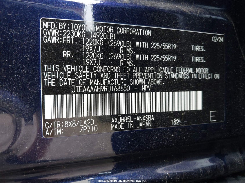 2024 Toyota Venza VIN JTEAAAAH9RJ168850 IAAI salvage auction — FRONT END, Salvage Title, sold $12,700 on 2026-07-22 (photo 9)