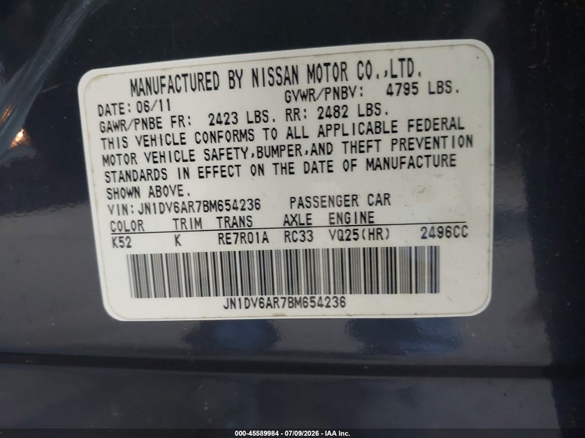 2011 Infiniti G25 VIN JN1DV6AR7BM654236 IAAI salvage auction — NORMAL WEAR, Clear (New York), sold $50 on 2026-07-15 (photo 9)