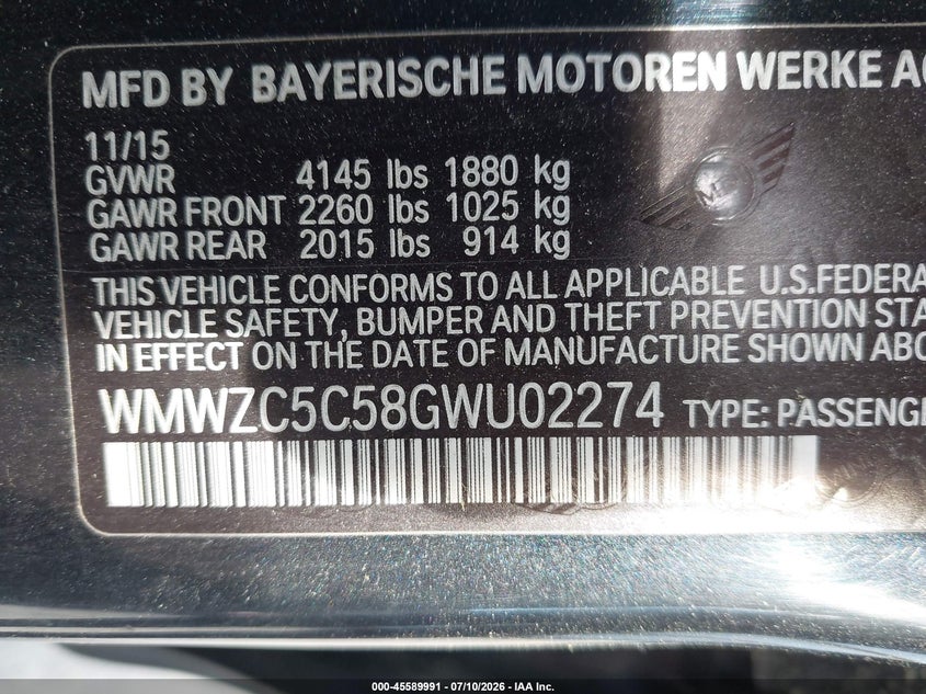 2016 Mini Countryman VIN WMWZC5C58GWU02274 IAAI salvage auction — NORMAL WEAR, Clear (Minnesota), sold $400 on 2026-07-28 (photo 9)